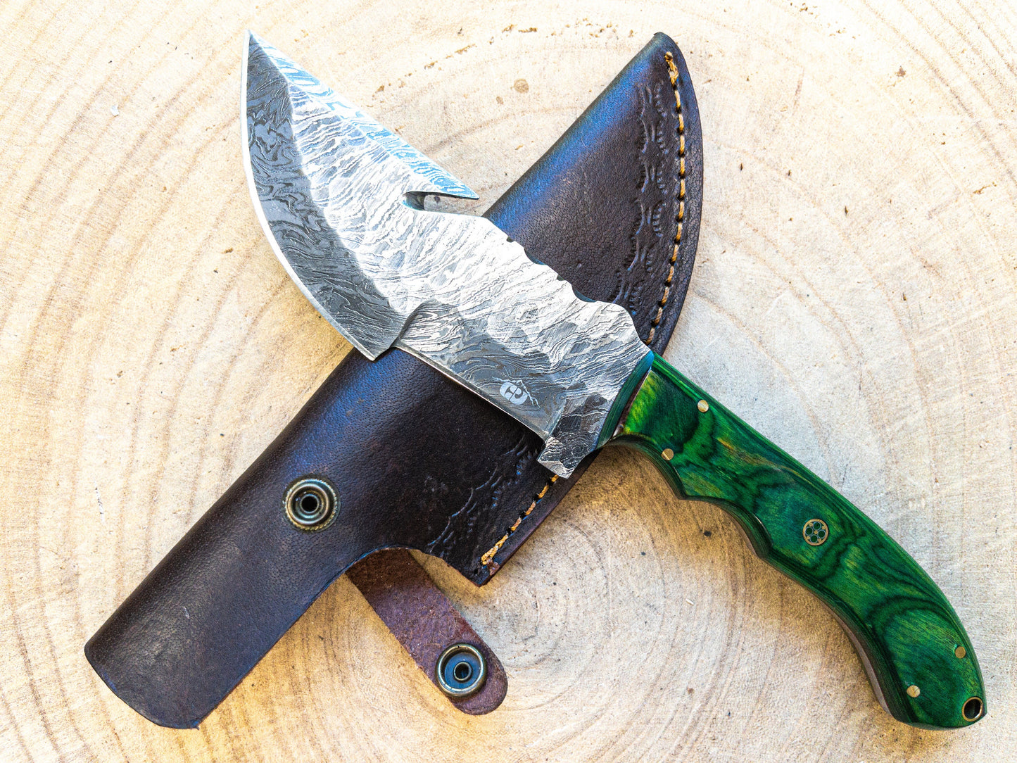 Damascus Hunting EDC Fishing Knife, Green Machine