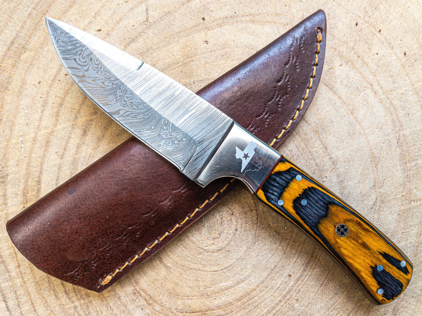 Damascus Hunting EDC Knife, Texas Hornet