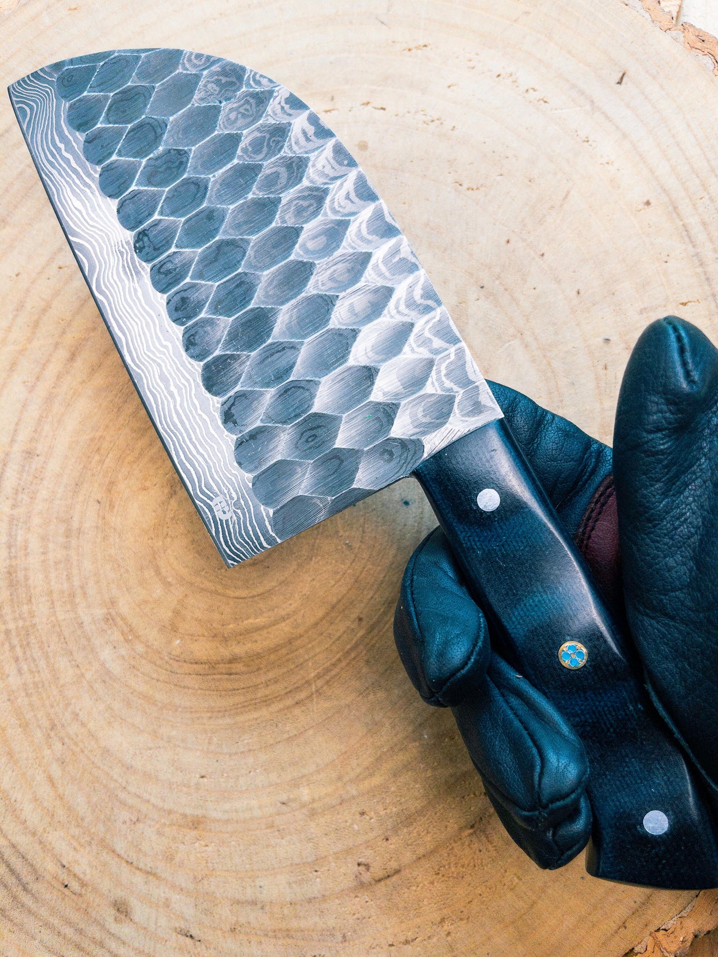 Damascus Steel Cleaver Chef Chopper w/ Dark Blue/Black Micarta Handle