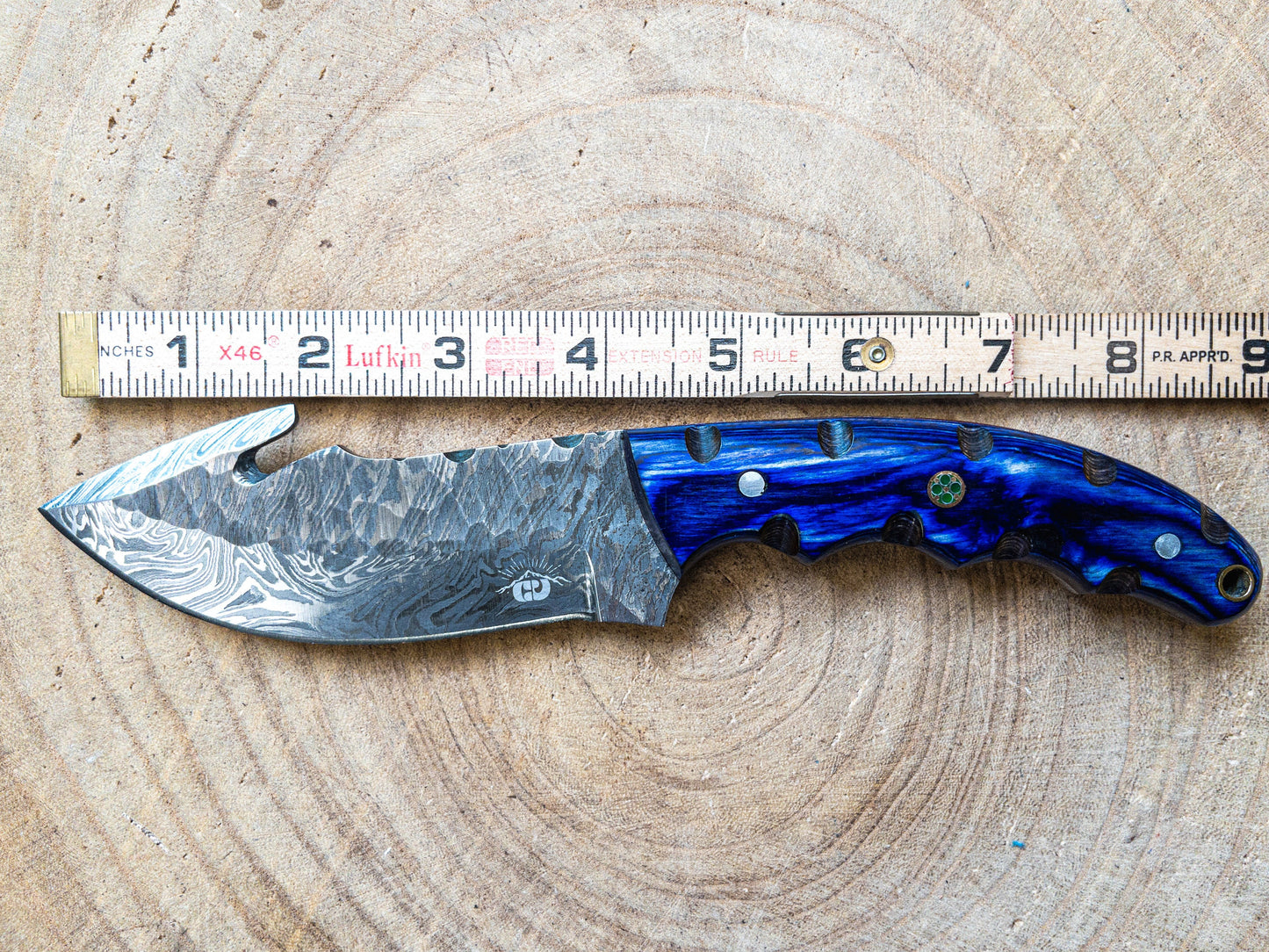 Damascus Hunting EDC Fishing Knife, Blue Lagoon