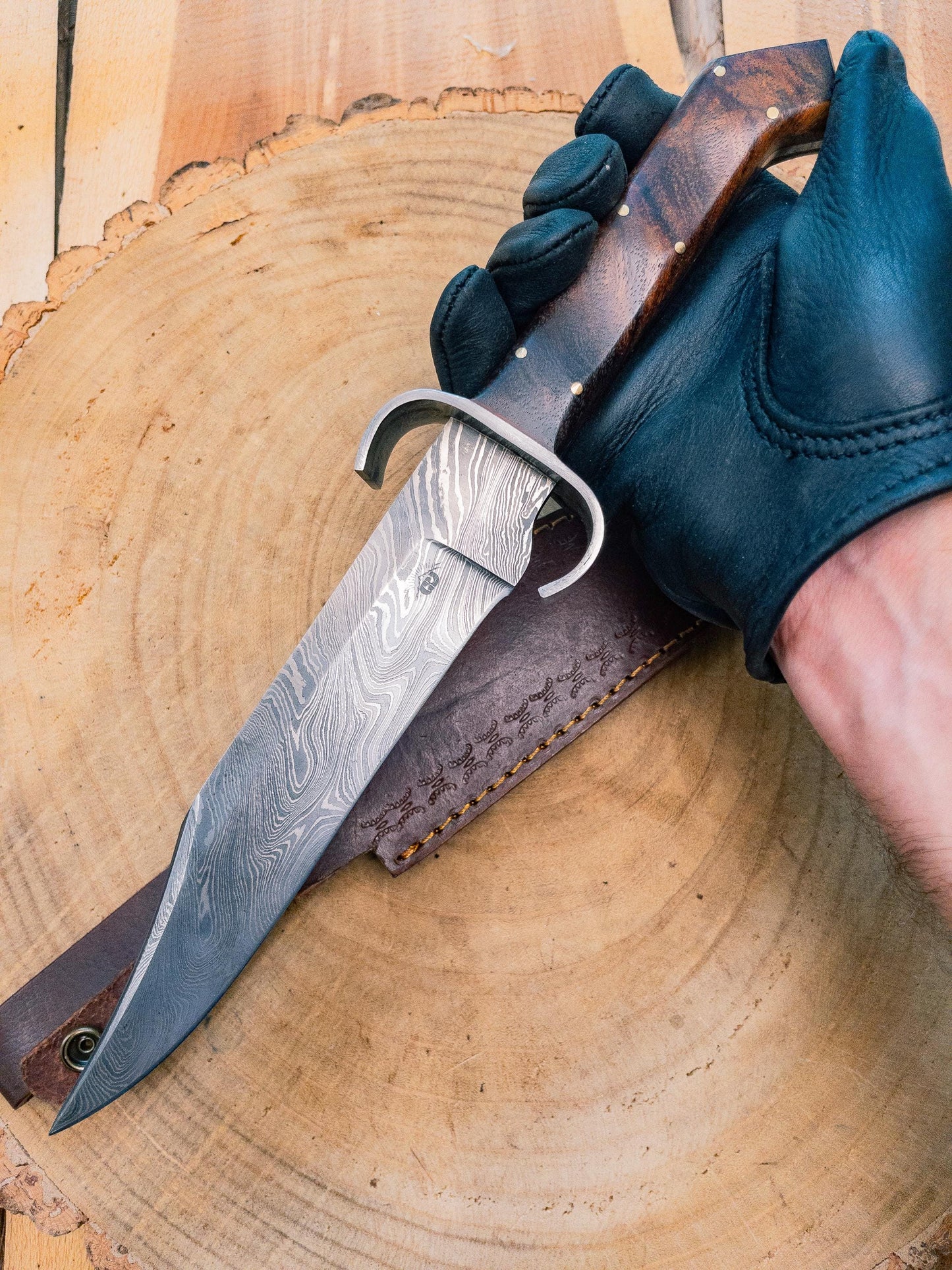 Bowie Knife "The Mini Dueler" Damascus steel, Lightweight, Back-cut, Birdshead Handle