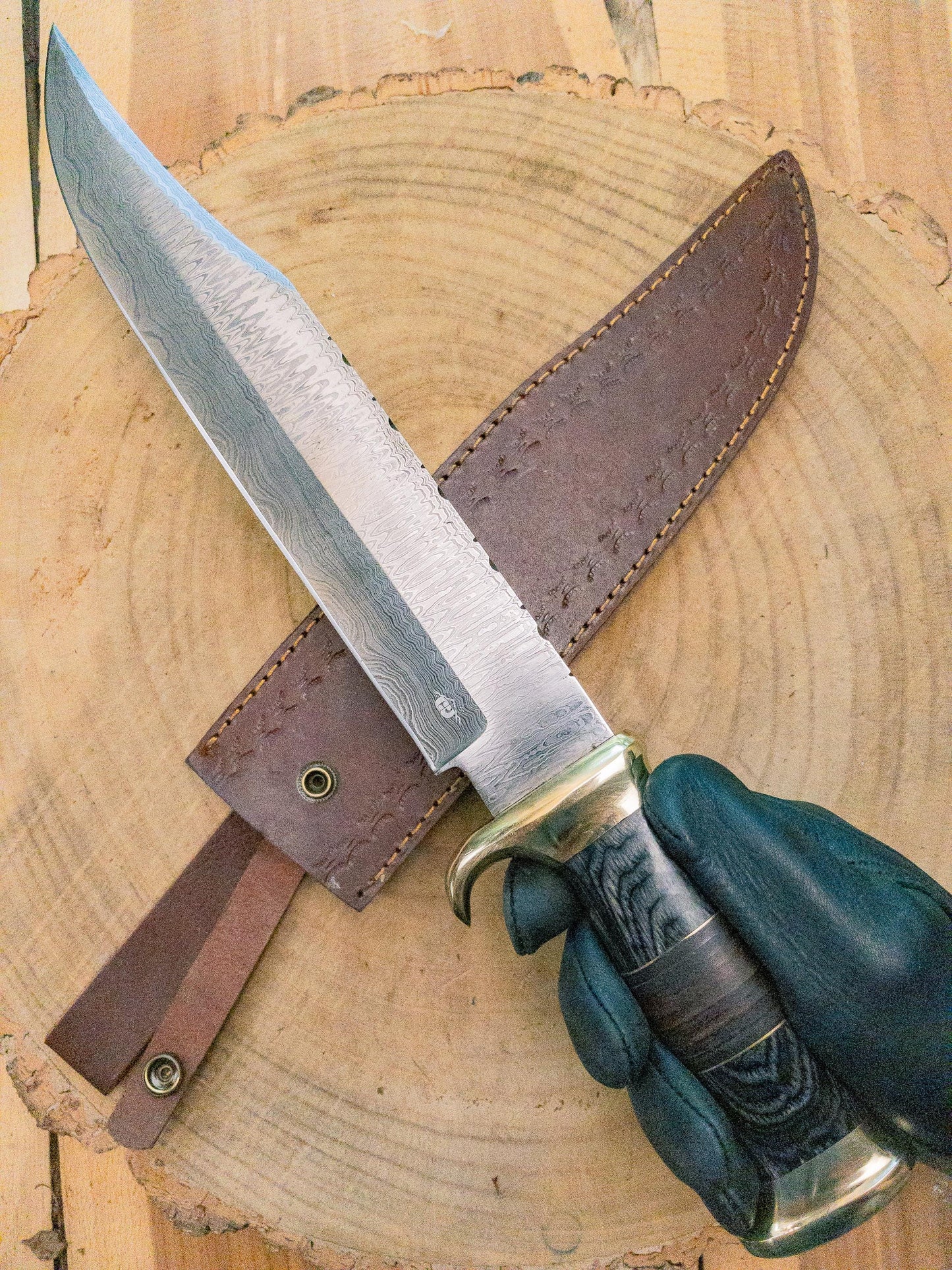 Bowie Knife - Large - Damascus Steel w/ Brass Bolsters, Black Wood and Leather Handle