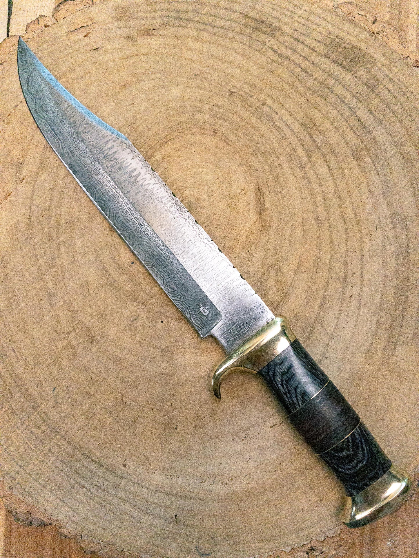 Bowie Knife - Large - Damascus Steel w/ Brass Bolsters, Black Wood and Leather Handle