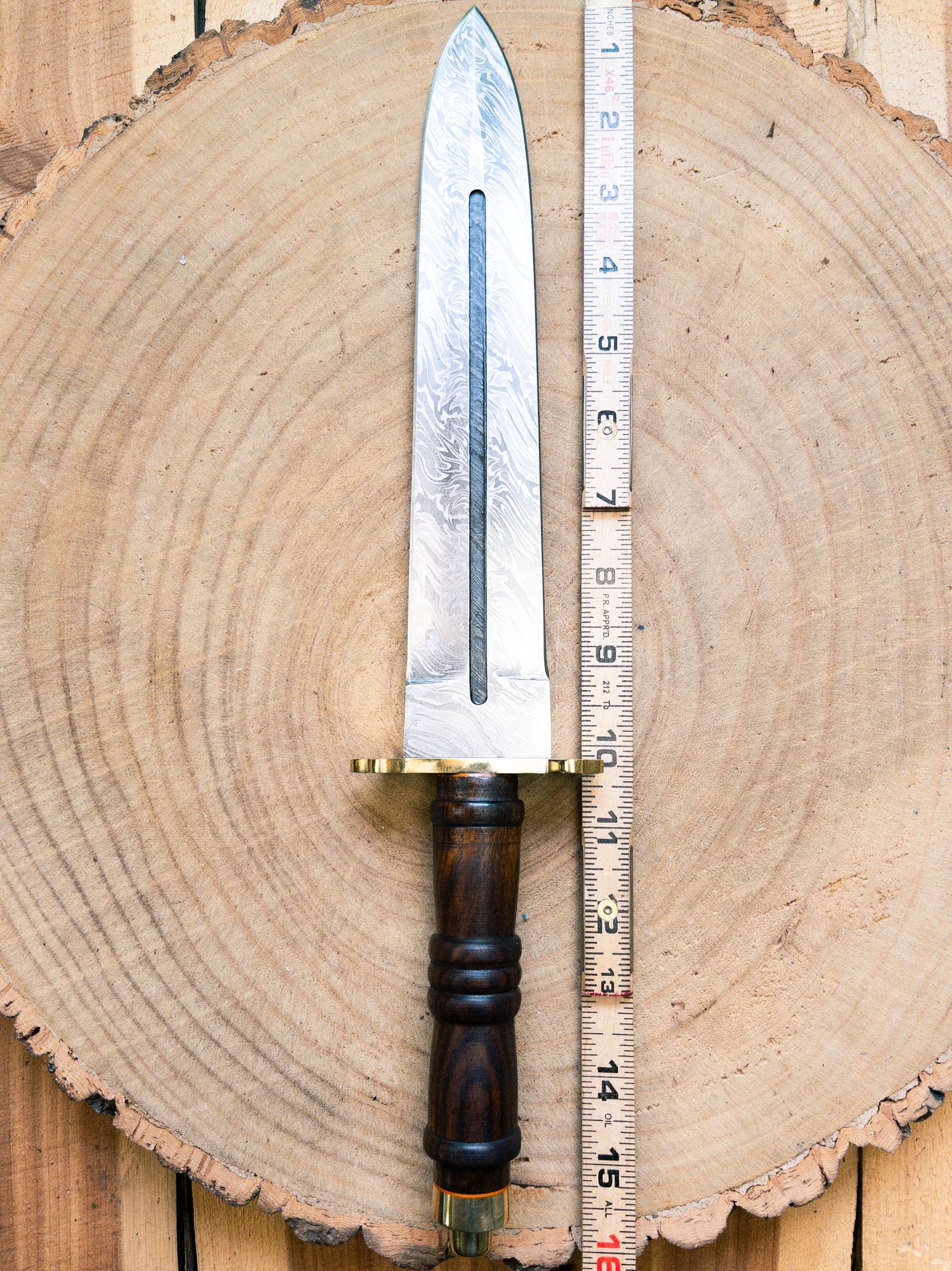 Damascus Short Dagger with Rosewood Handle and Brass Guard