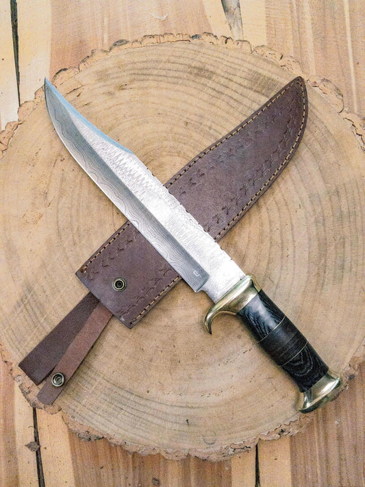 Bowie Knife - Large - Damascus Steel w/ Brass Bolsters, Black Wood and Leather Handle