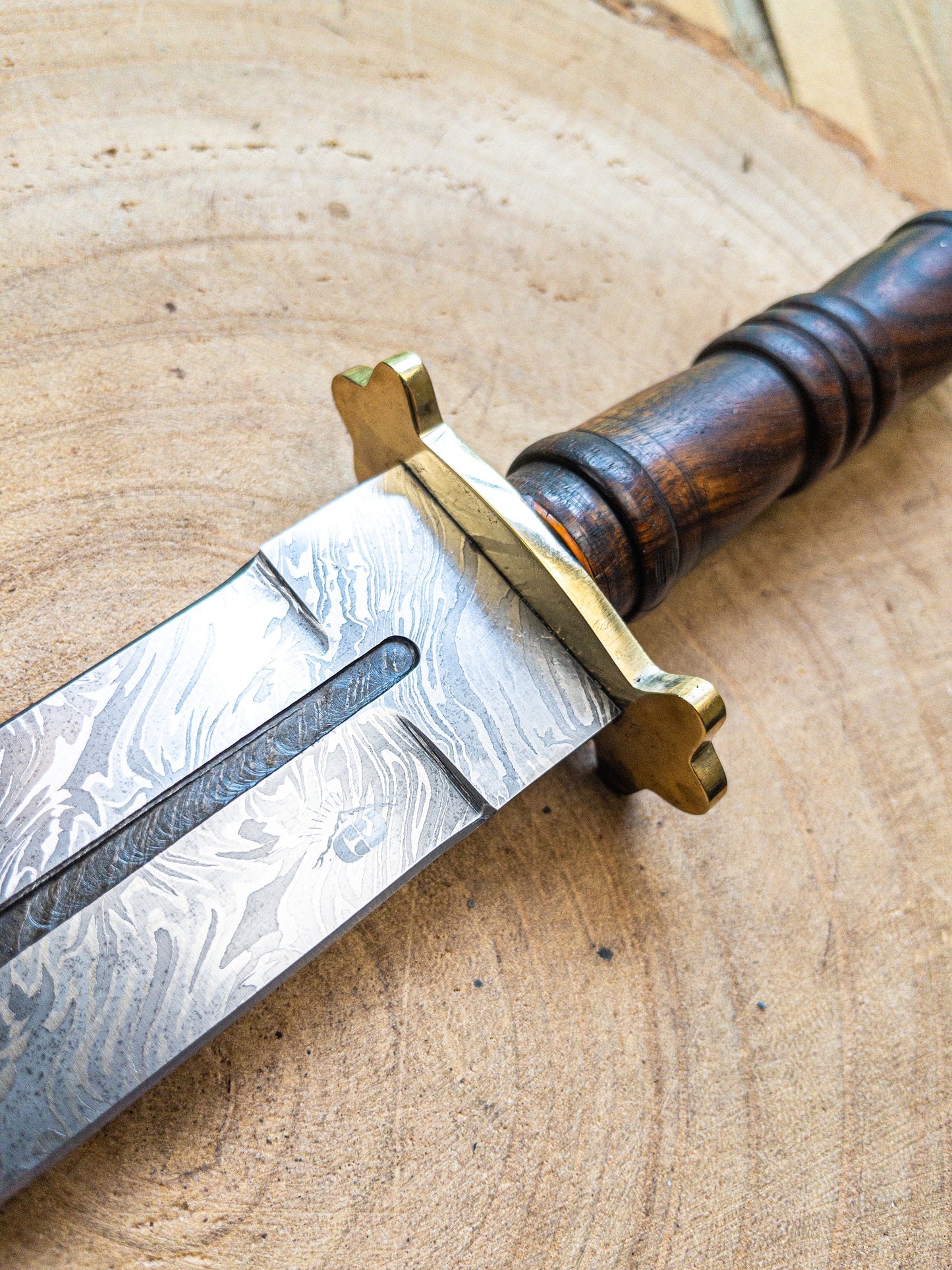 Damascus Short Dagger with Rosewood Handle and Brass Guard