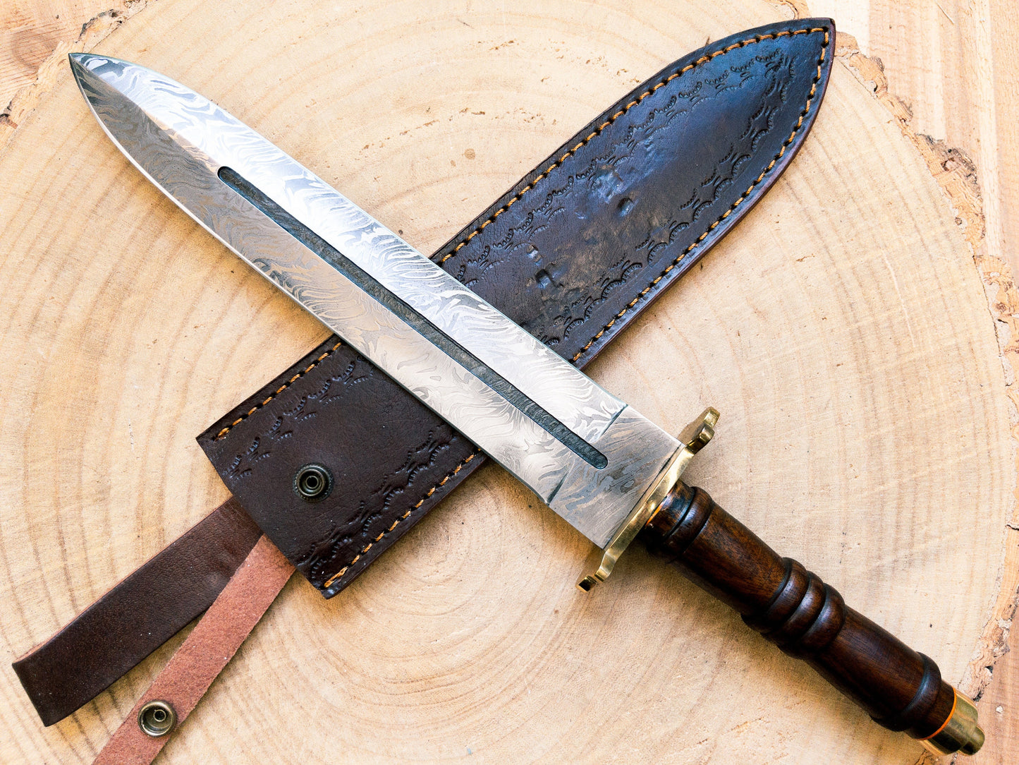 Damascus Short Dagger with Rosewood Handle and Brass Guard