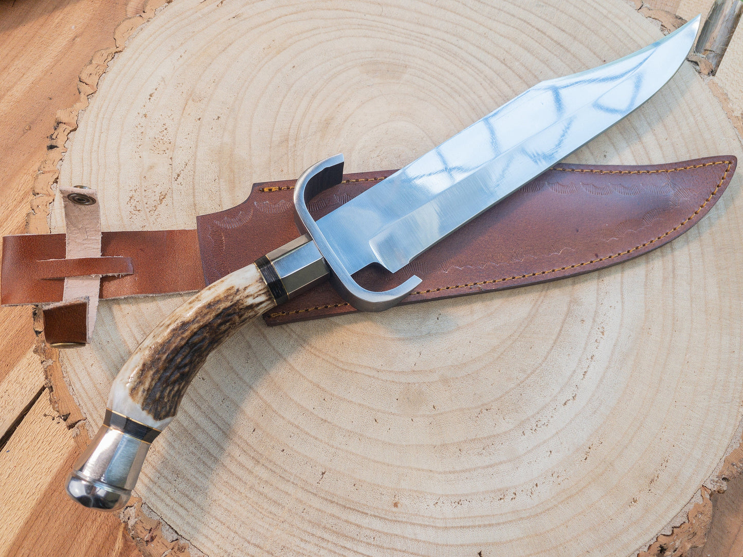 Custom Stag Bowie Hunting Knife Hand Forged 1085 Steel w/ Antler Handle