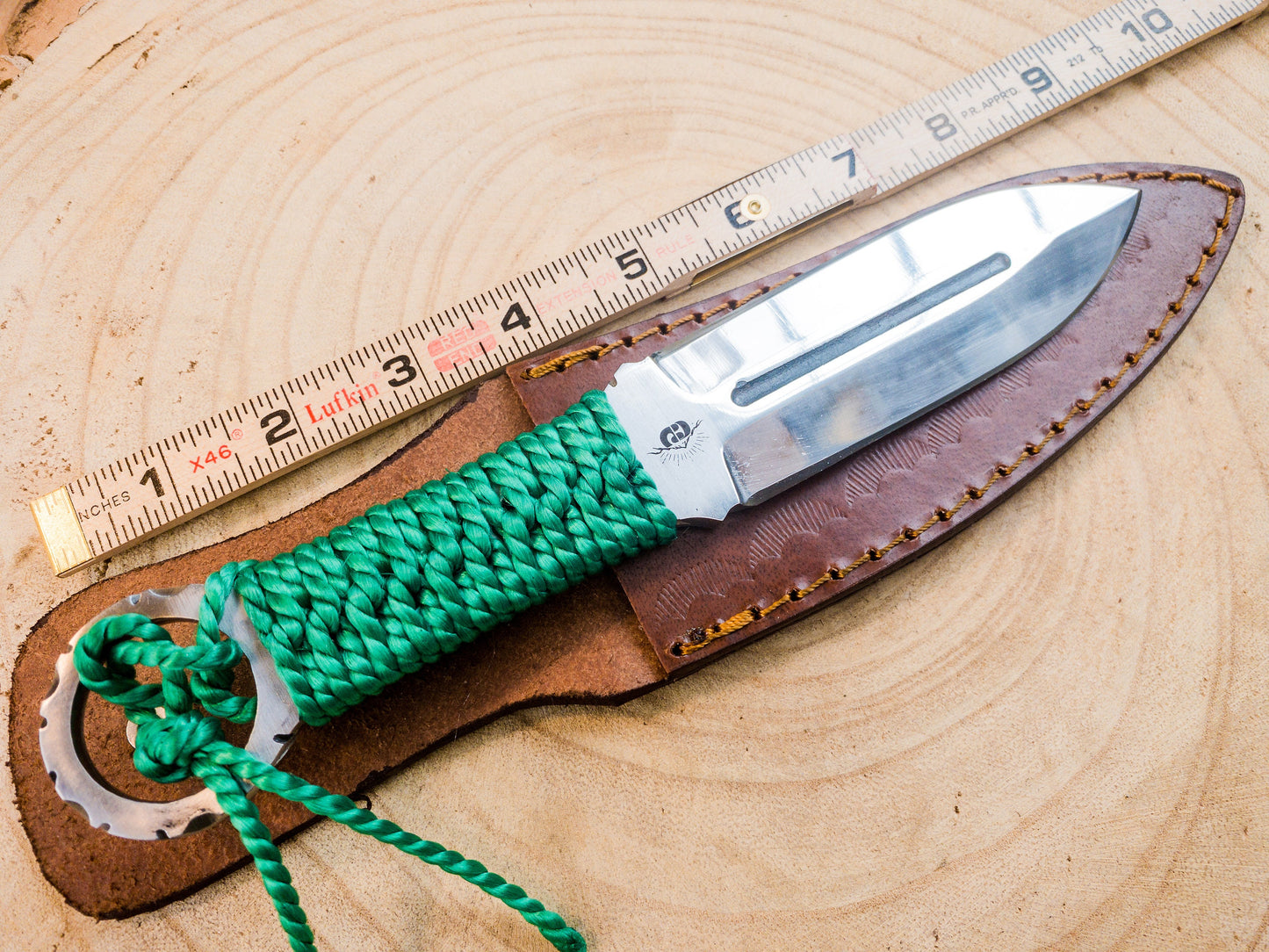 Hunting EDC knife handmade in 1085 steel, wrapped handle with finger wring hilt