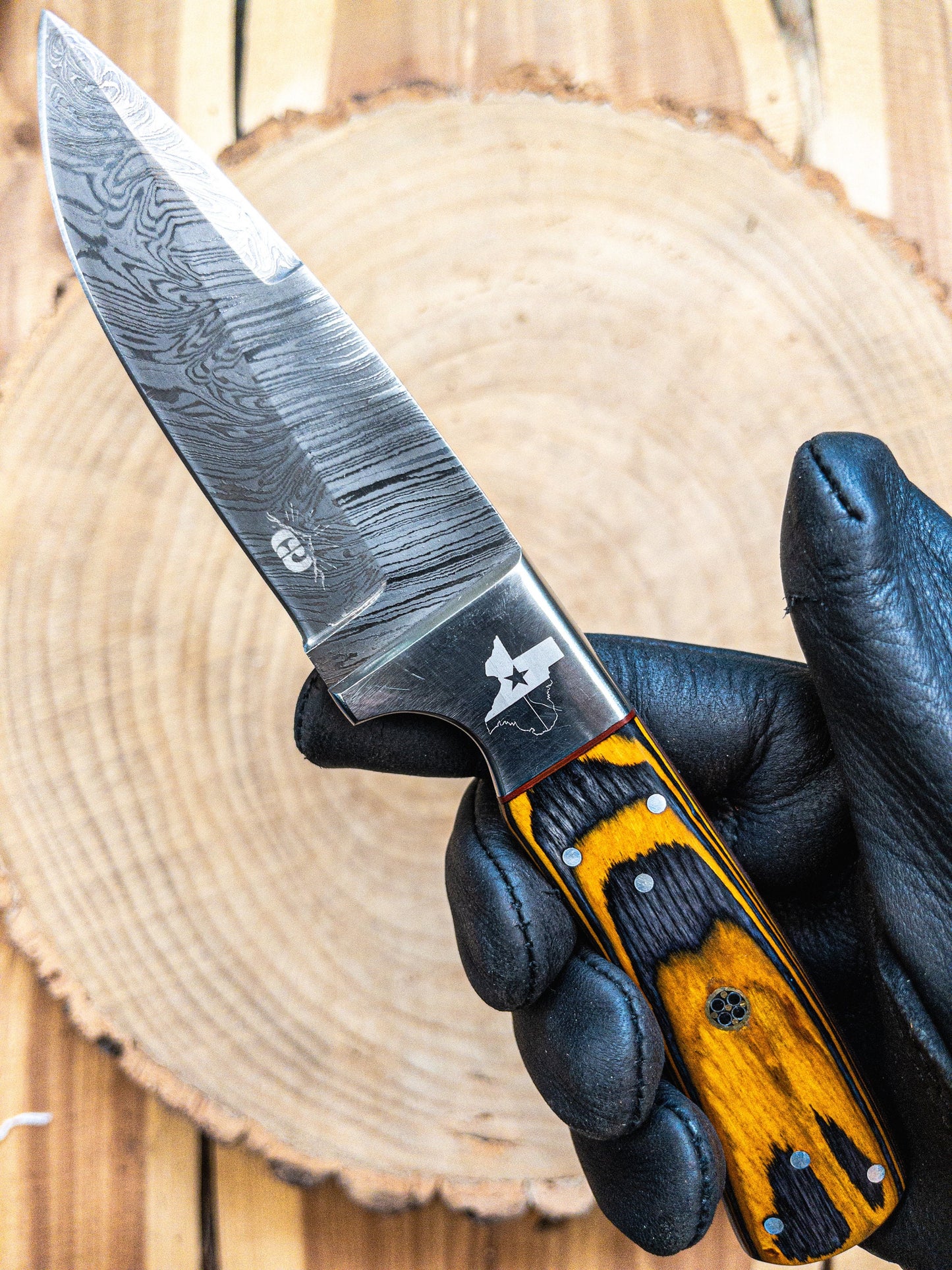 Damascus Hunting EDC Knife, Texas Hornet