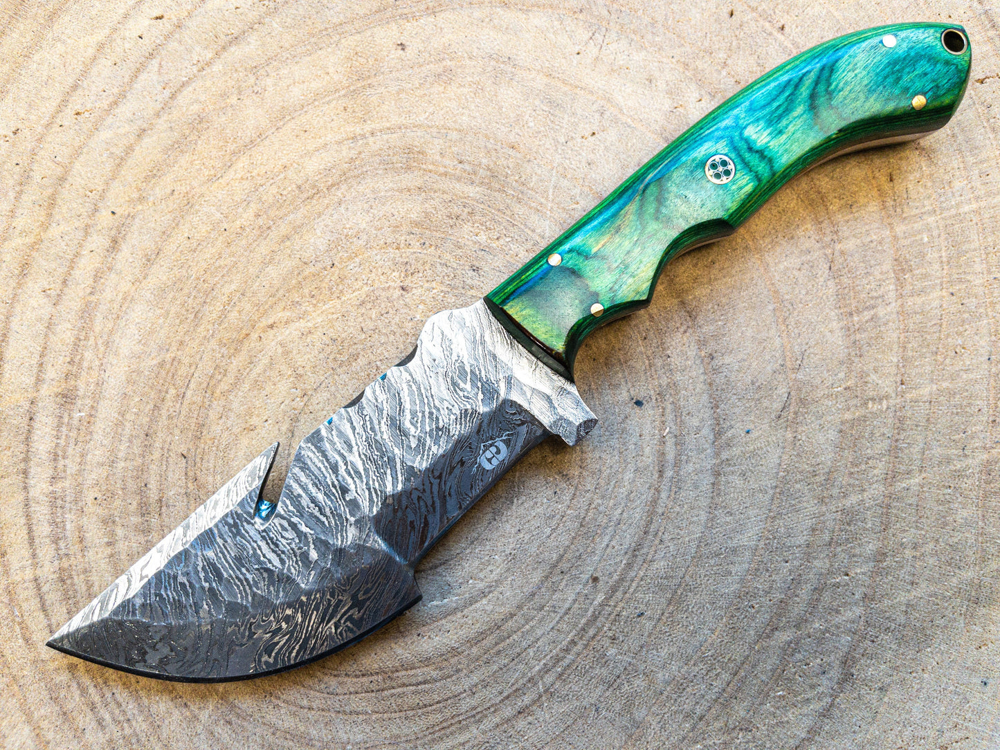 Damascus Hunting EDC Fishing Knife, Green Machine