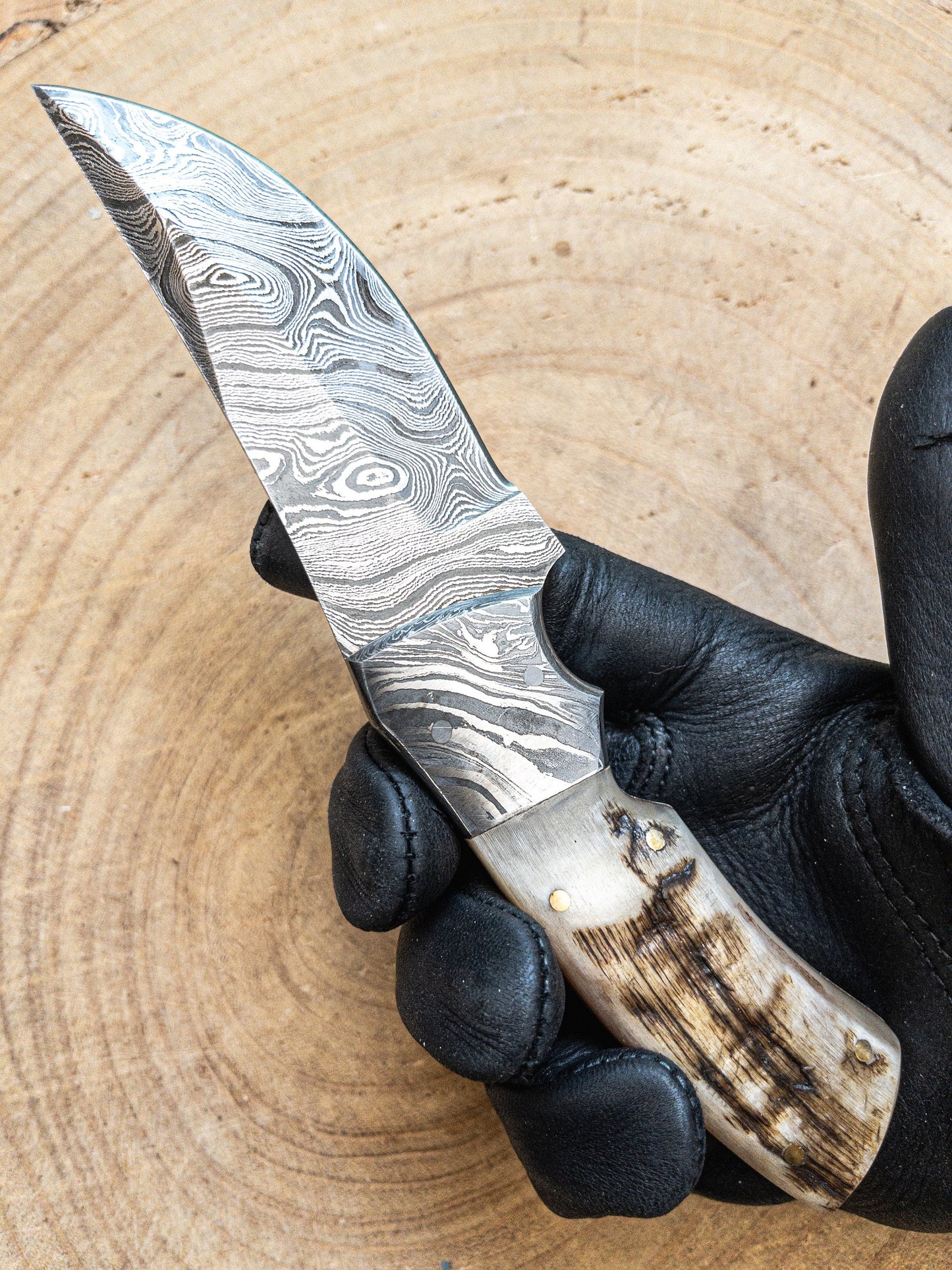 Damascus Ram Horn EDC Utility Knife Fixed Blade