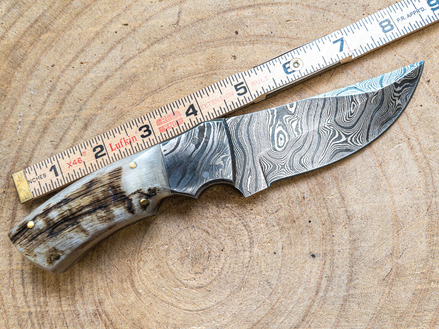 Damascus Ram Horn EDC Utility Knife Fixed Blade