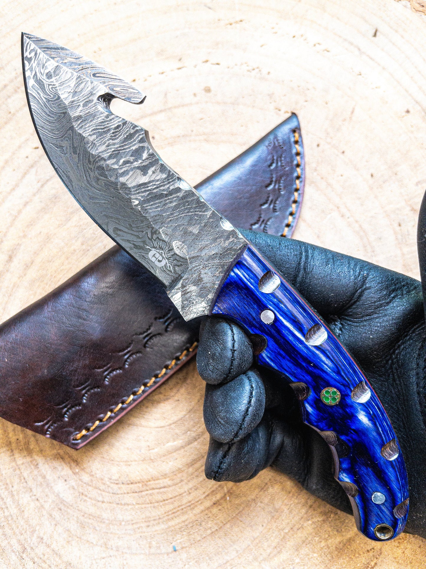 Damascus Hunting EDC Fishing Knife, Blue Lagoon