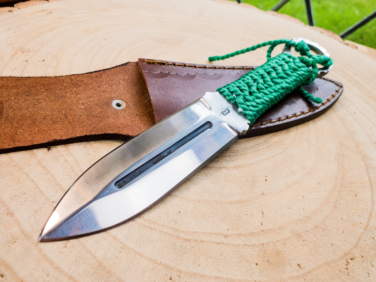 Hunting EDC knife handmade in 1085 steel, wrapped handle with finger wring hilt