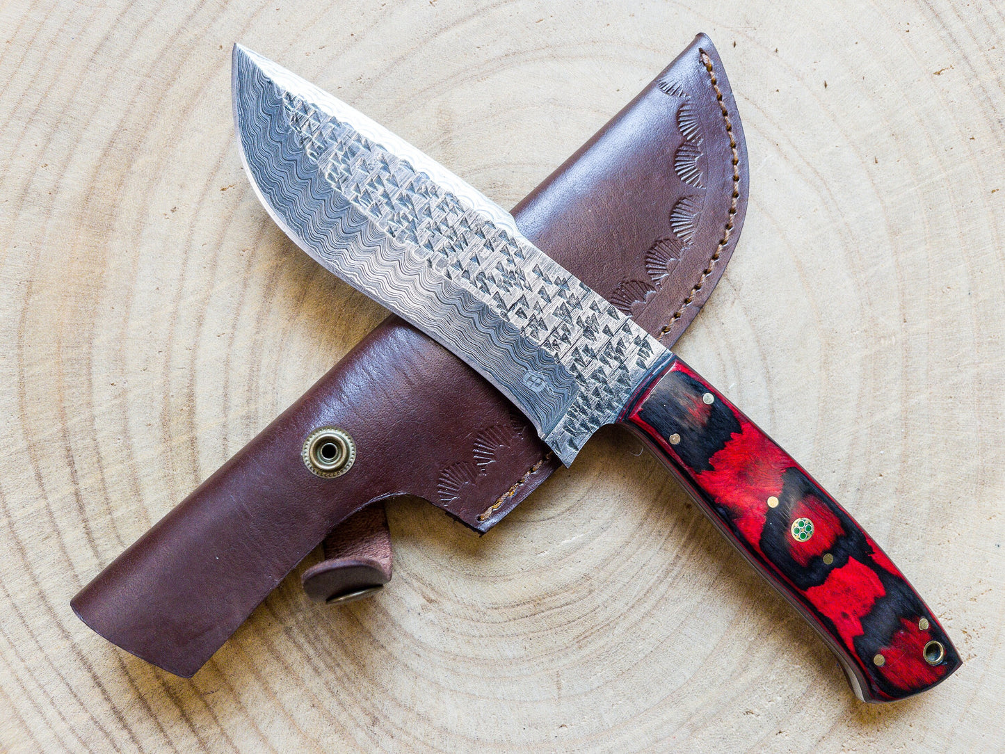 Damascus Steel Hunting EDC Knife Rustic Blade Finish