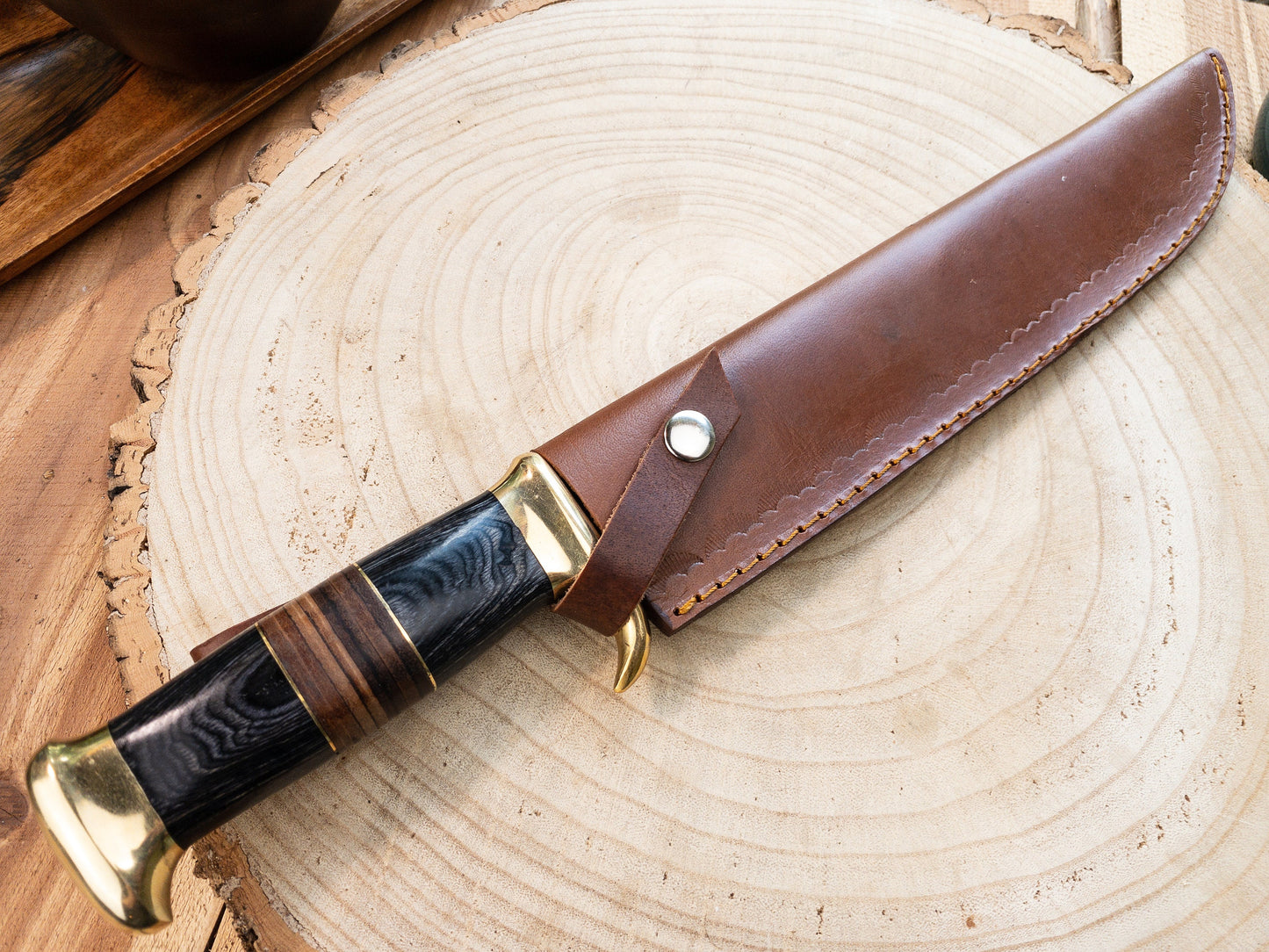 Bowie Knife - Large - 1085 Steel, Mirror Finish w/ Brass Bolsters, Black Wood and Leather Handle