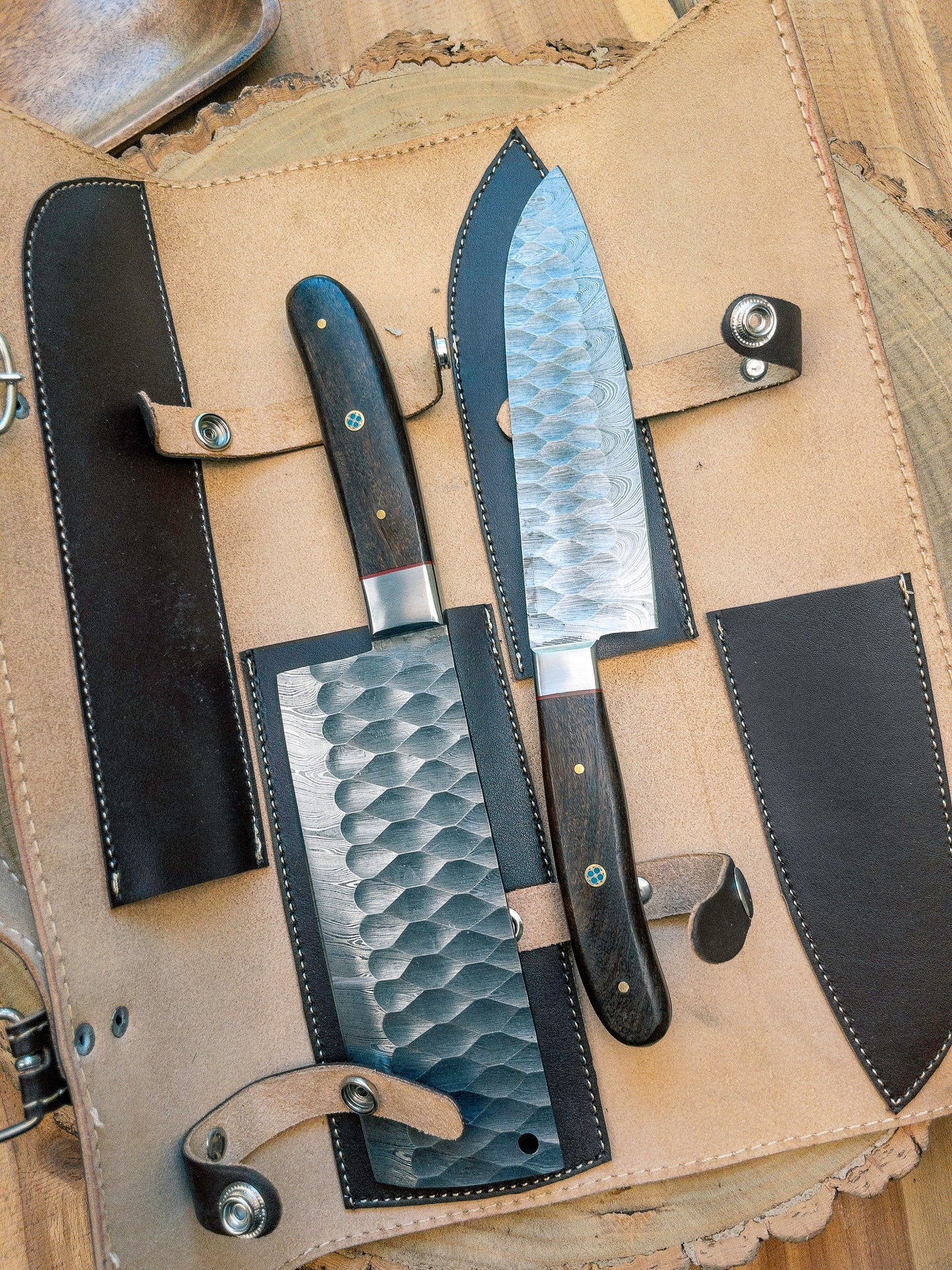 Chef Knife Set - 4 Piece Chef Knife Set - Damascus Steel Hand Forged w/ Chef Roll Carry Case