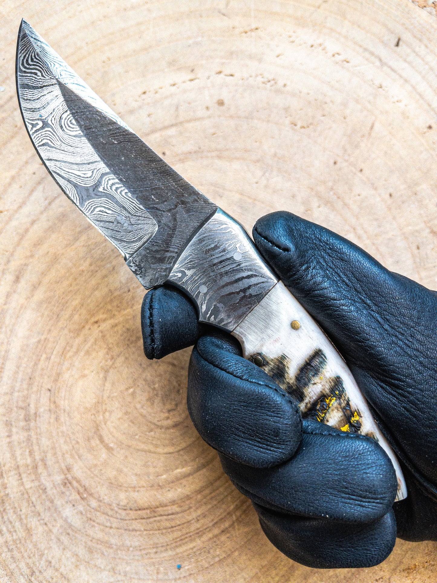 Damascus Ram Horn EDC Utility Knife Fixed Blade