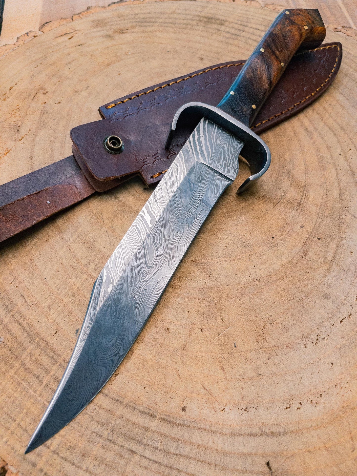 Bowie Knife "The Mini Dueler" Damascus steel, Lightweight, Back-cut, Birdshead Handle