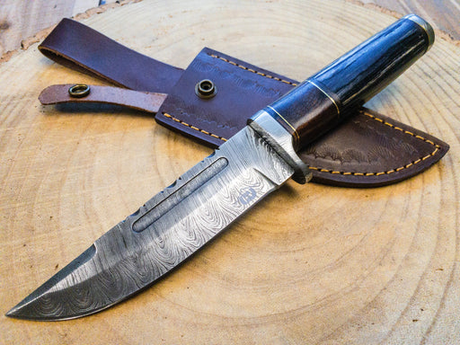 Hunting Knife Damascus Steel Knife with Damascus Steel Bolsters, Rosewood & Pakkawood Handle, Leather Sheath