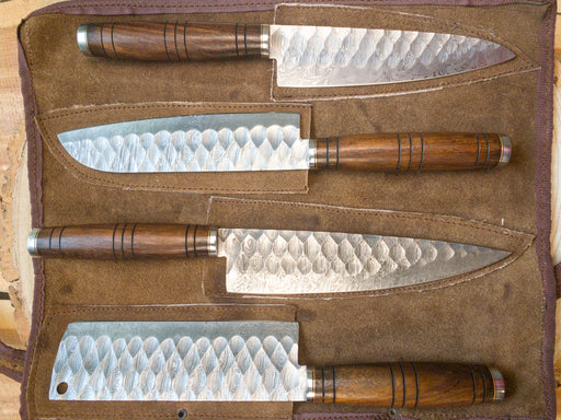Chef Knife Set - 4 Piece Chef Knife Set - Damascus Steel Hand Forged w/ Chef Roll Carry Case