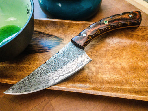 Damascus Steel Precision Chef Knife, Full Tang, Rustic Blade Finishing, Pakkawood Handle