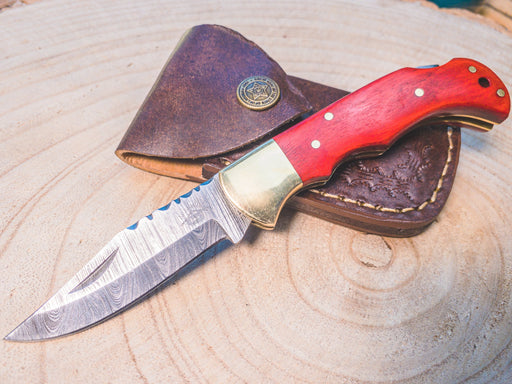 Damascus Steel Pocket Knife - Red Wood Handle - Brass Bolster