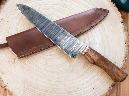 Damascus Steel Chef Knife w/ Brass bolster and Walnut Handle