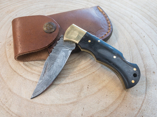 Damascus Steel Pocket Knife with Black Bone Handle