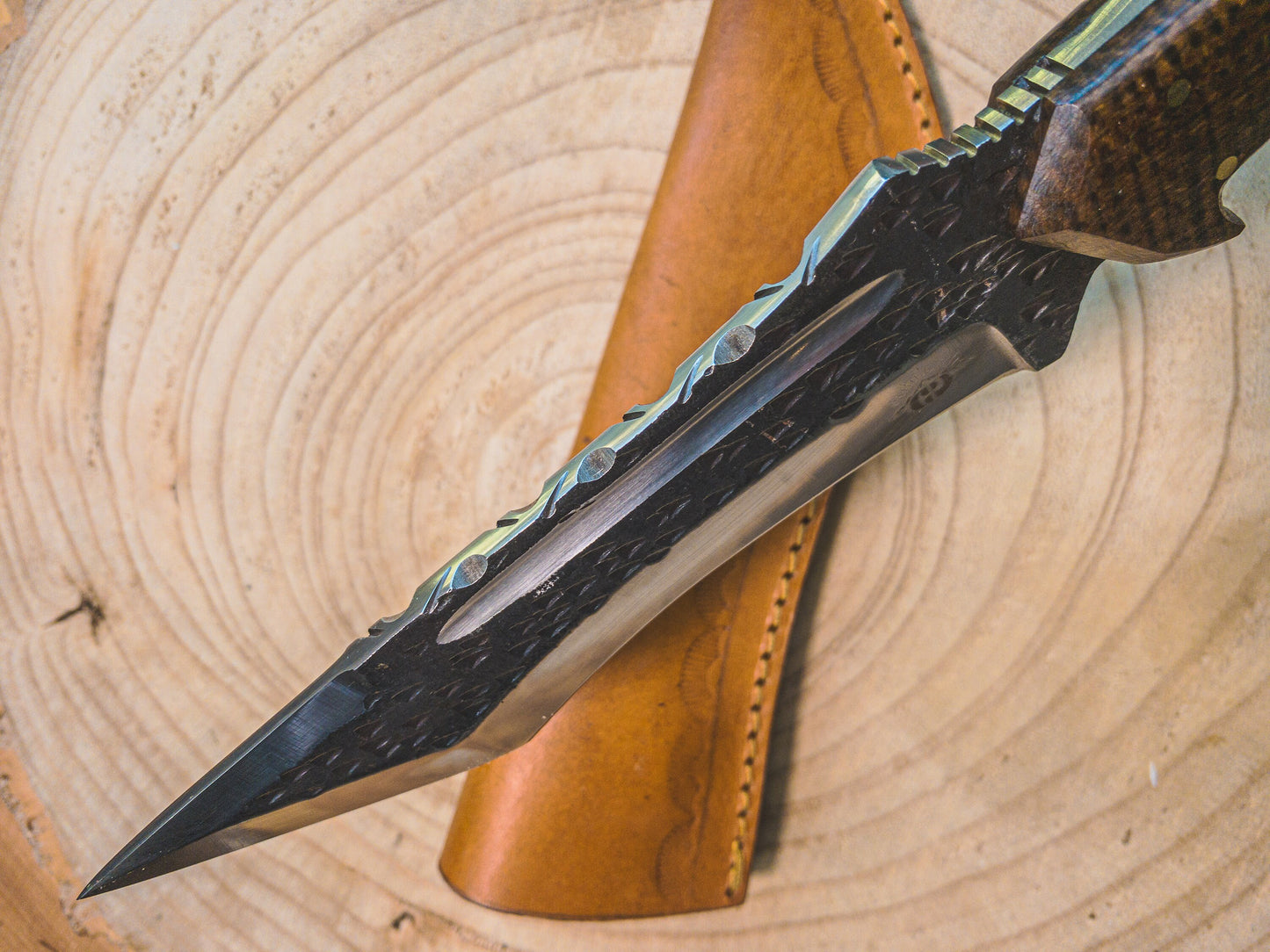 Tanto Hunting / Bowie Knife in 1085 Steel, Rustic Blade Finish