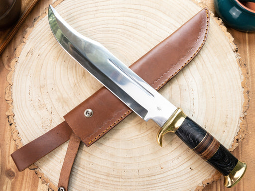 Bowie Knife - Large - 1085 Steel, Mirror Finish w/ Brass Bolsters, Black Wood and Leather Handle