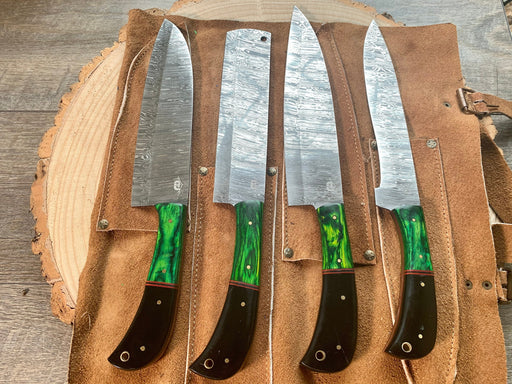 Chef Knife Set - 4 Piece Large Chef Knife - Damascus Steel Hand Forged w/ Chef Roll Carry Case